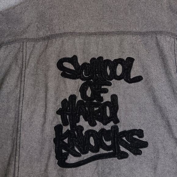 School of Hard Knocks Denim Jacket XXL Charcoal Gray Y2K Street Embroidered - Picture 6 of 9